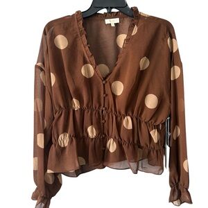 Women’s Parker Chiffon L/S Brown Poka Dot Blouse Cami Attached Sz M